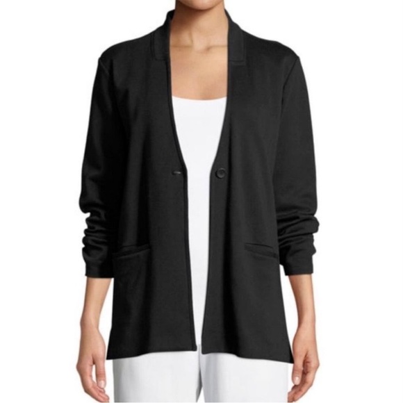 Eileen Fisher Stand Collar One Button Tencel Blazer Jacket Black Classic Minimal - Picture 2 of 11